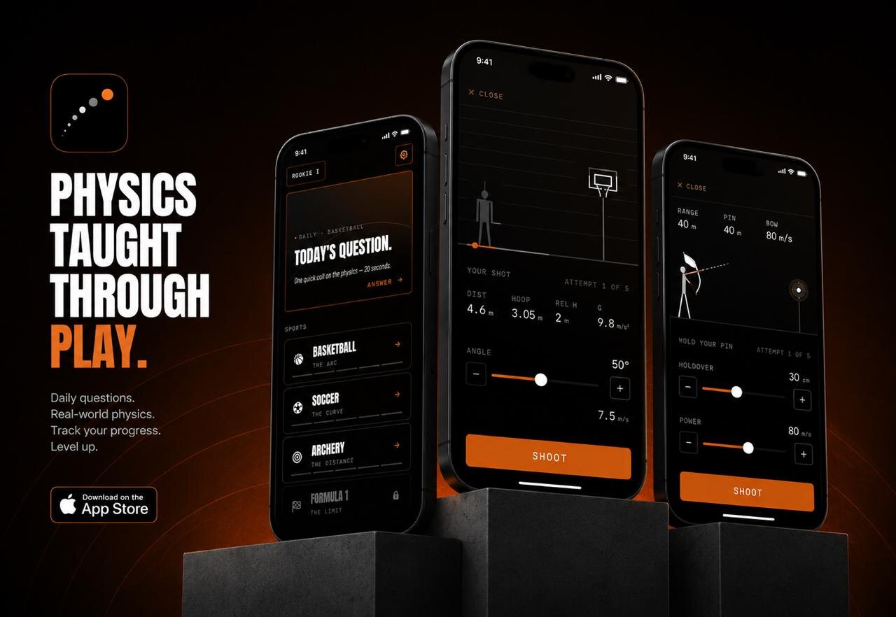 Phisios — physics taught through play, app icon and three sport screens