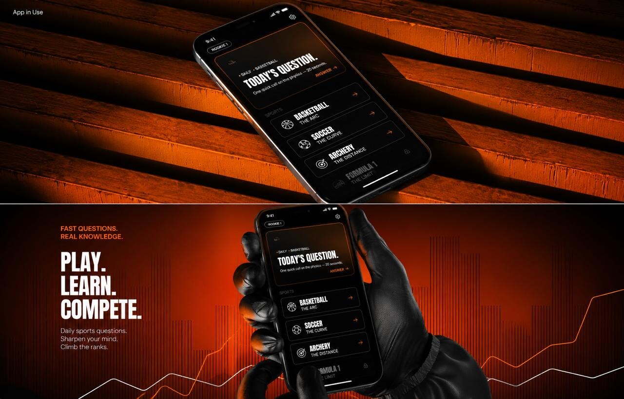 Phisios in use — the daily-question home screen shown on a phone resting on bleachers, and held in hand under the line 'Play. Learn. Compete.'