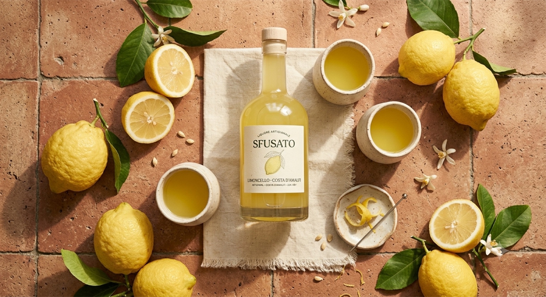 Overhead flat lay — Sfusato bottle, ceramic glasses and Amalfi lemons on terracotta