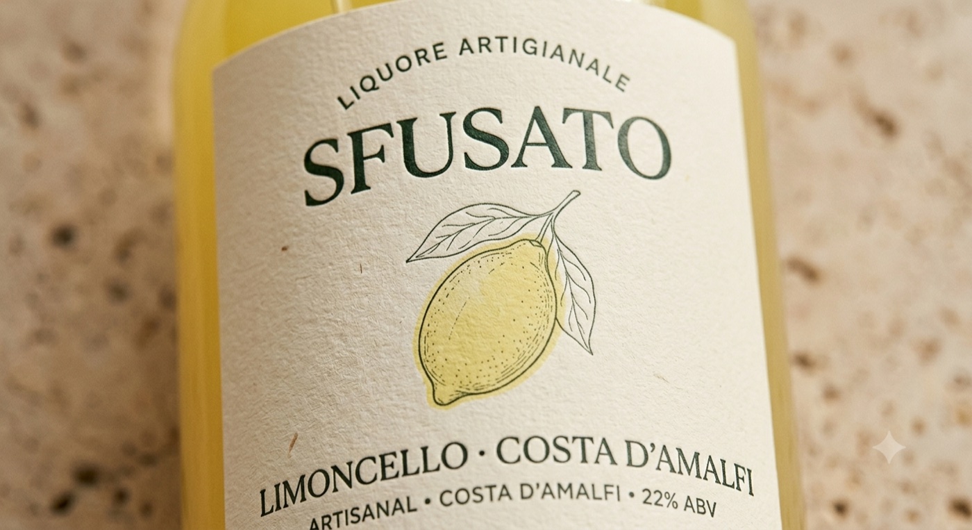 Close-up of the Sfusato label — cream paper, serif logotype, lemon mark